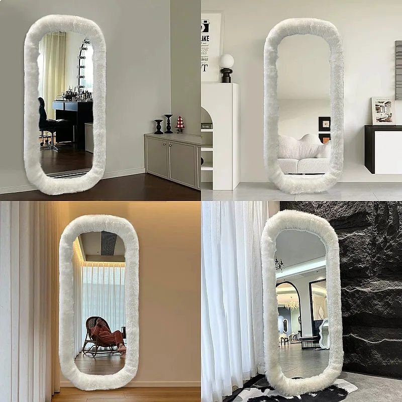Memphis Full Length Mirror Cream Velvet Flocked Body Slimming Floor Mirror for Dressing Room