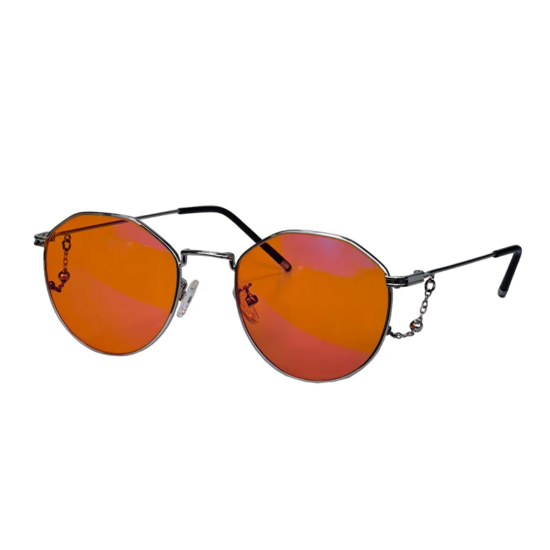 Blaulicht-Filterbrille für Damen, besserer Schlaf, rote orangefarbene Linse, nächtlich, verbessert Schlaflosigkeit, Metallrahmen, kleine Größe 133 mm