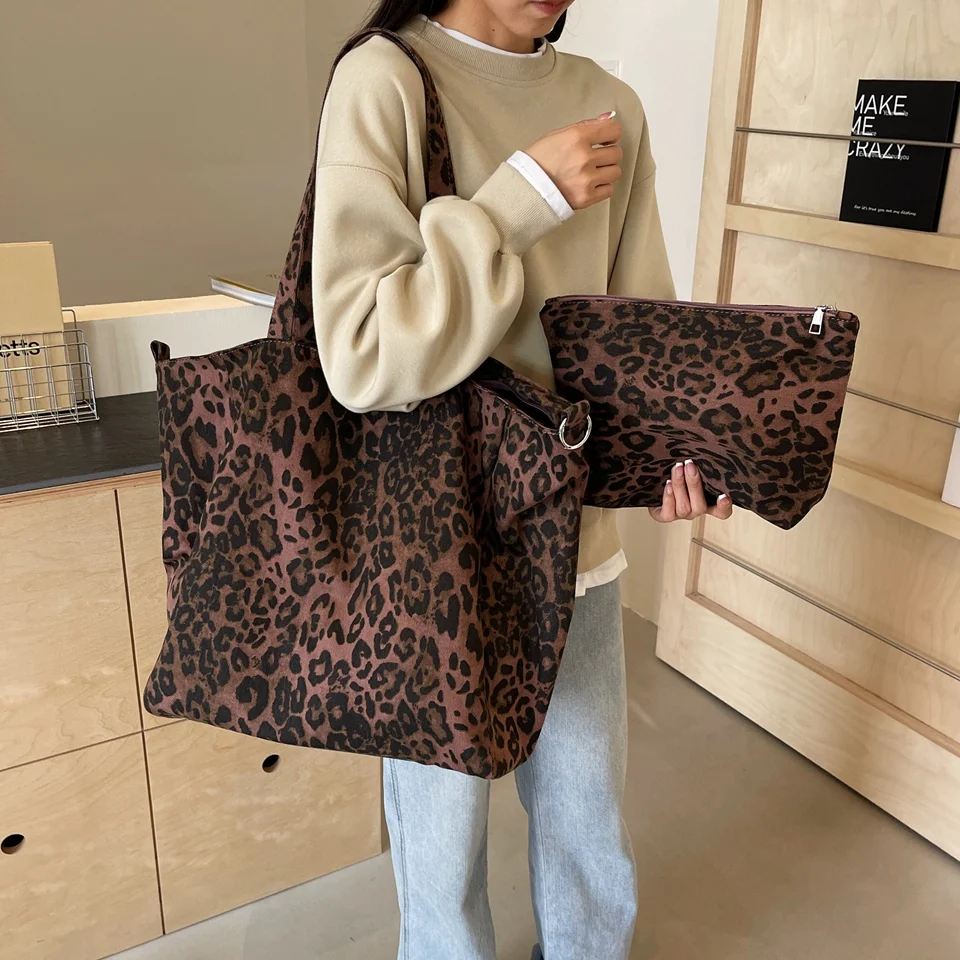 2-piece Set Large Capacity Leopard Casual Tote Bags for Women 2024 Trend Shoulder Shopper Bags Female Designer Luxury Handbags