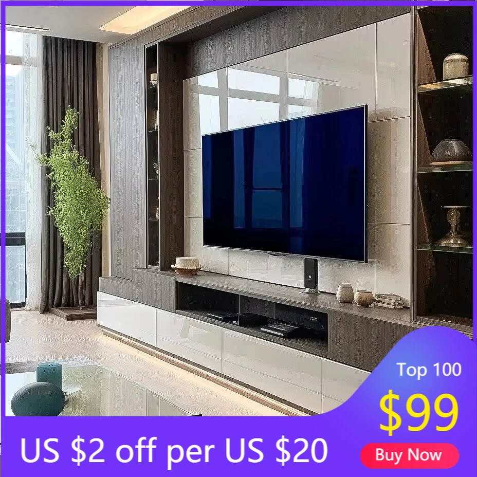 

STLF 2025 European Modern Luxury TV Cabinet Wall-Mounted MDF with Glass Wooden Storage Stand for Living & Bedroom for Mall Use