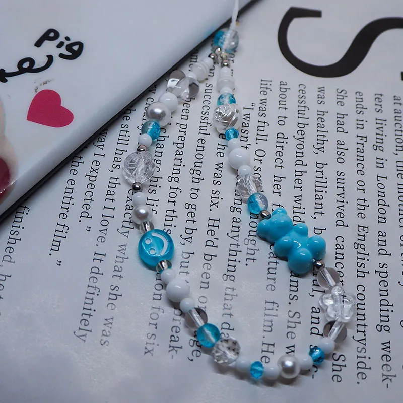 Blue Phone Charms Bear Beads Mobile Phone Chain Women Girls Acrylic Flower Smile Face Cellphone Lanyard Telephone Strap Jewelry