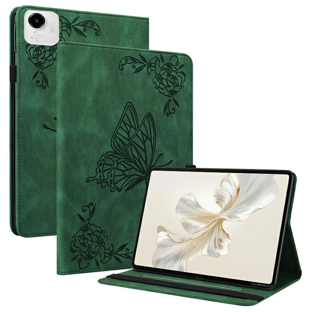 For Honor Pad X9a Case Butterfly Flower Imprint PU Leather Tablet Cover with Card Slots - Green
