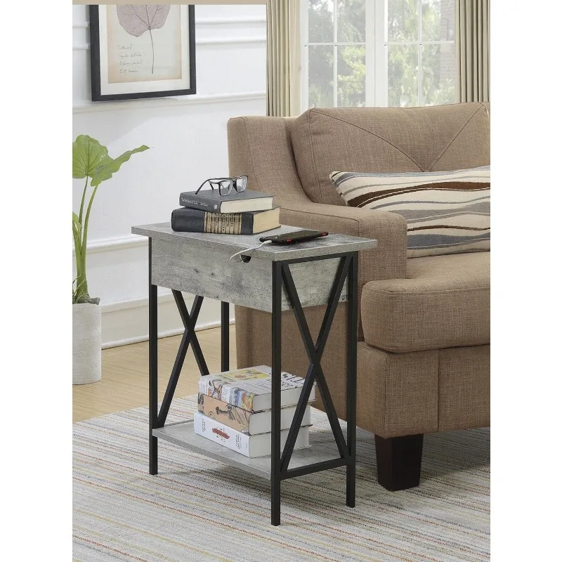 Tucson Flip Top End Table with Charging Station and Shelf, 23.75