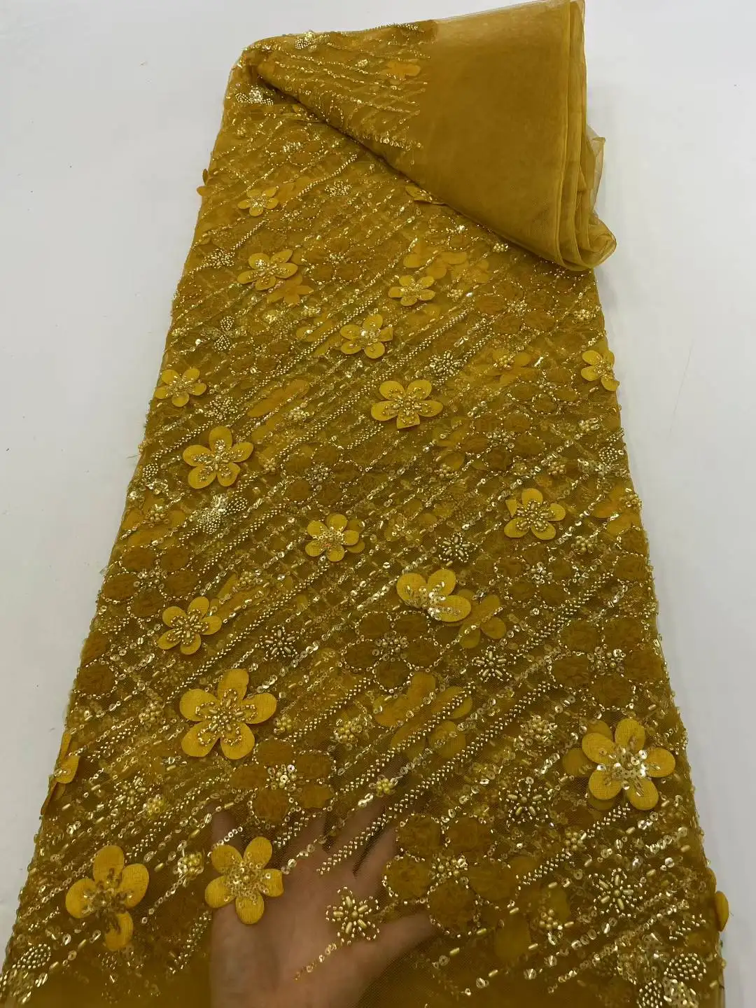 Tela de encaje de lentejuelas de tul francés con encaje de flores 3D nigeriano de alta calidad con cuentas africanas de lujo 2025 para costura de vestidos de fiesta