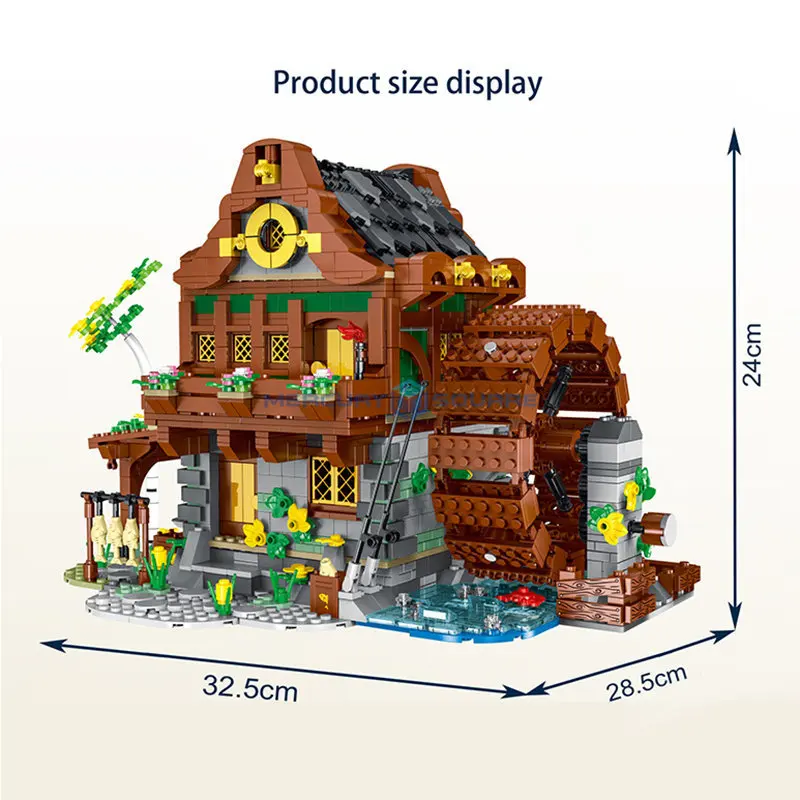 Średniowieczny młyn wodny MOC 033005 europejski Model architektury blokuje modułowe zestaw klocków budowlanych prezenty zabawki dla dzieci