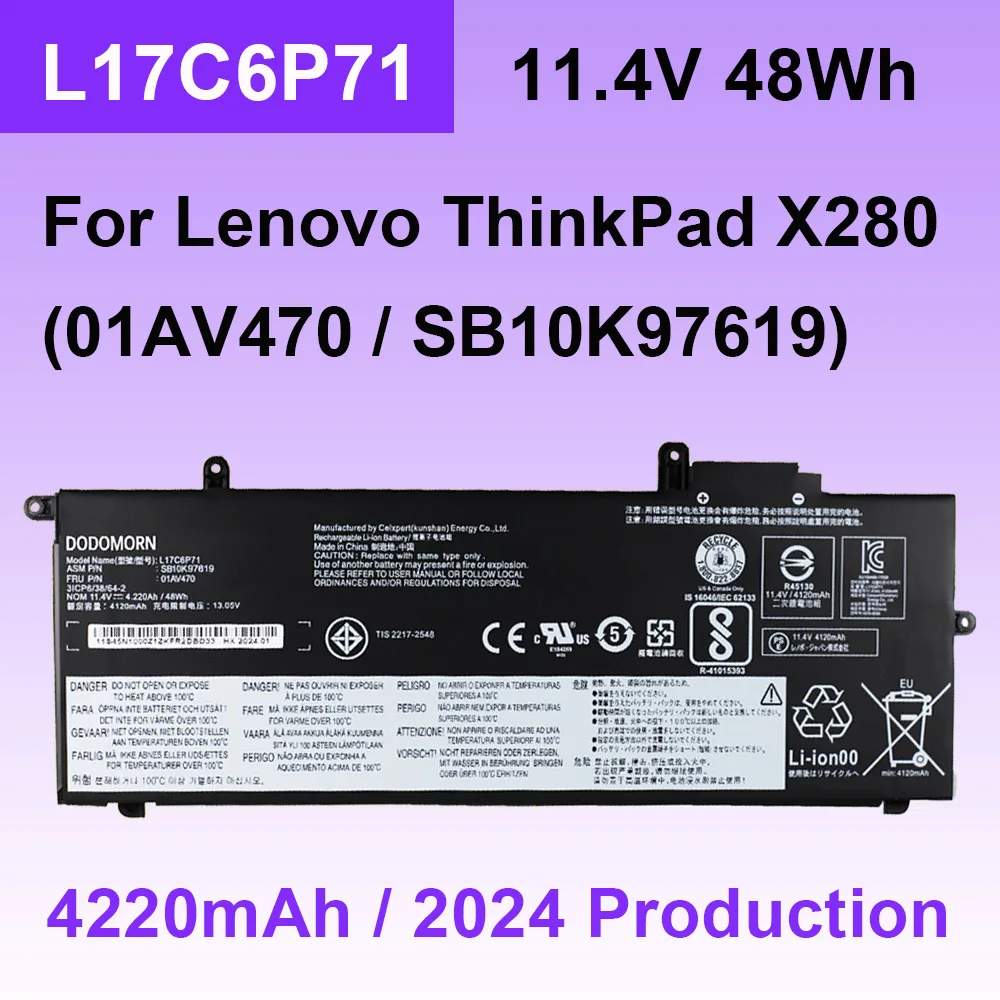 L17C6P71 01AV470 SB10K97619 For Lenovo ThinkPad X280 Series 01AV471 L17M6P71 L17L6P71 SB10K97617 Laptop Battery 11.4V 48Wh