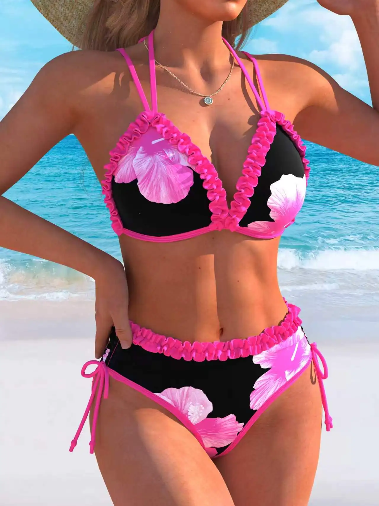 

Женский комплект купальников-бикини, купальник без рукавов с V-образным вырезом и тропическим цветочным принтом, идеально подходит для пляжного отдыха