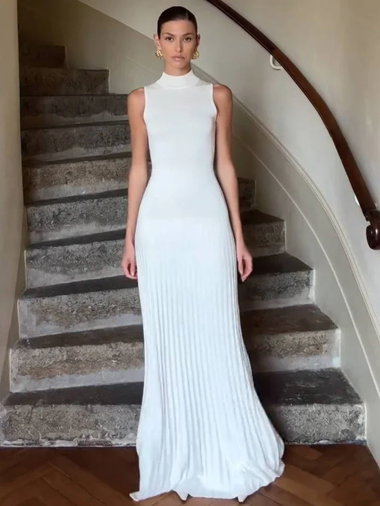 ครึ่งคอสูงแขนกุดถักชุด Maxi สําหรับผู้หญิงแฟชั่น Bodycon เซ็กซี่ยาวถักเสื้อกันหนาว