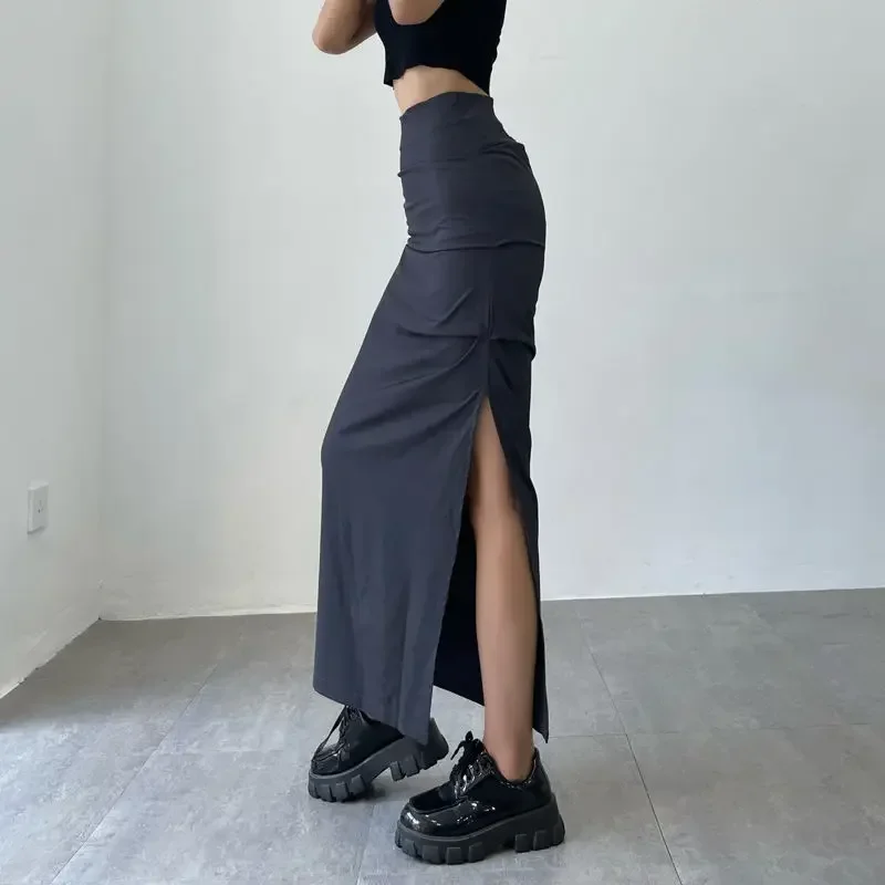 Maxi saias femininas de cintura alta sólida verão fenda lateral estilo retro americano minimalista vintage all-match básico faldas mujer