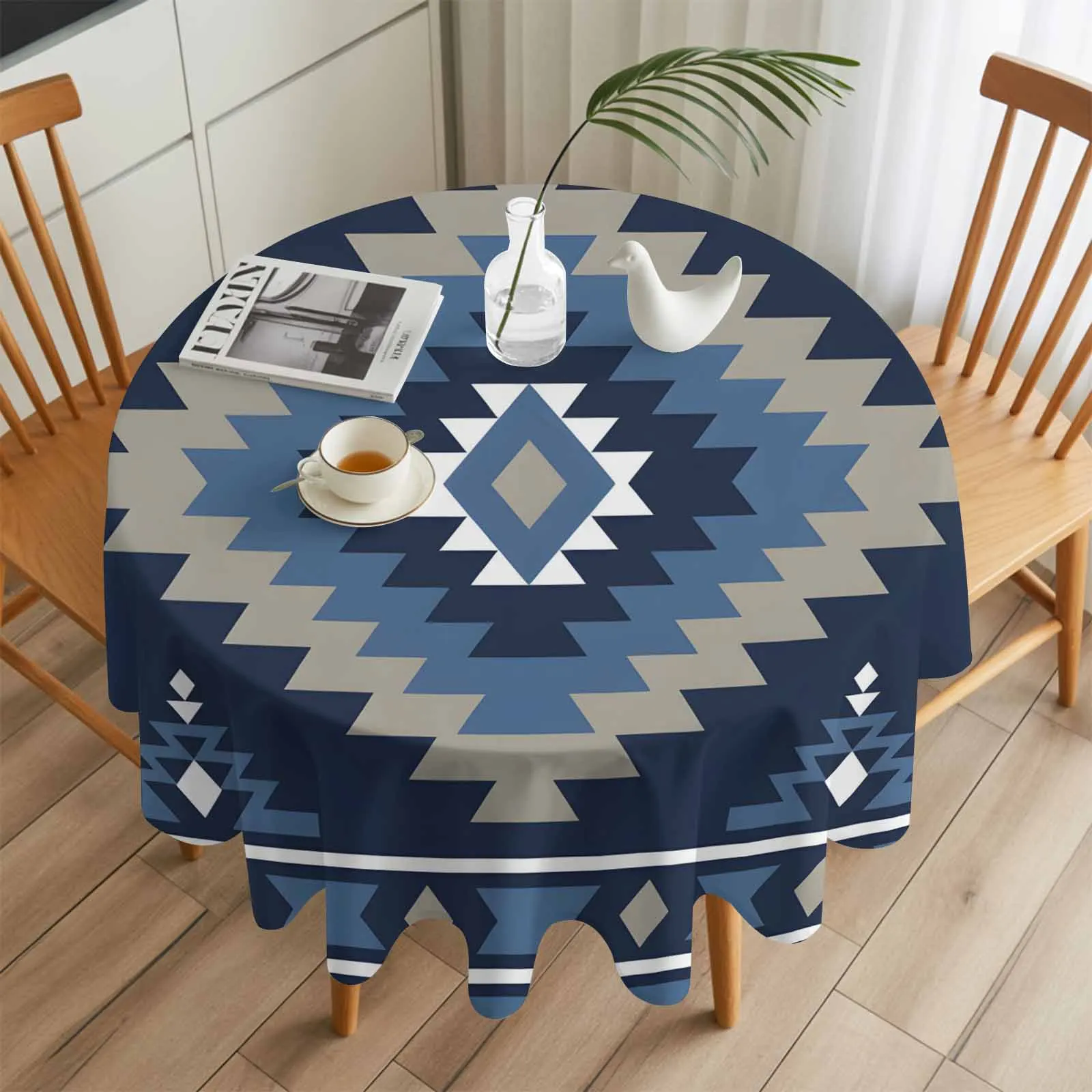 

Blue Tribal Geometric Art Round Table Cloth Festival Dining Tablecloth Waterproof Table Cover for Wedding Party Decor