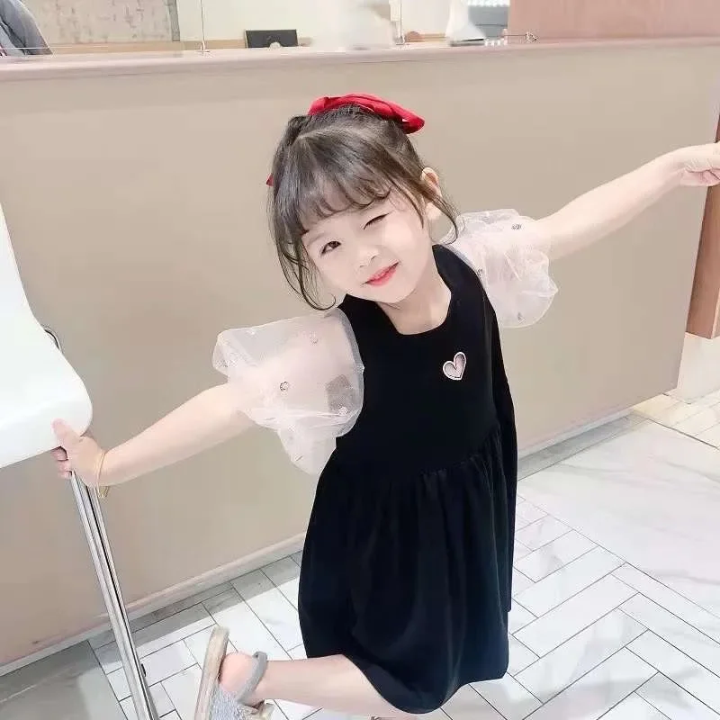 Summer Girls' Dress Net Yarn Stitching Puff Sleeve Splicing Love Sweet Princess Dress Korean Style Baby Kids Children'S Clothing