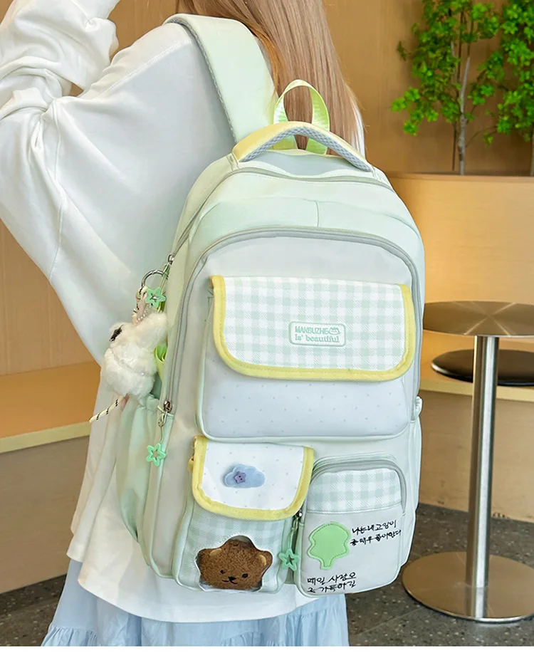 THRUM Dopamine Color Block School Style Student Multi-pocket Backpack Nylon Korean Ins Sweet Plaid Lightweight Casual Backpack