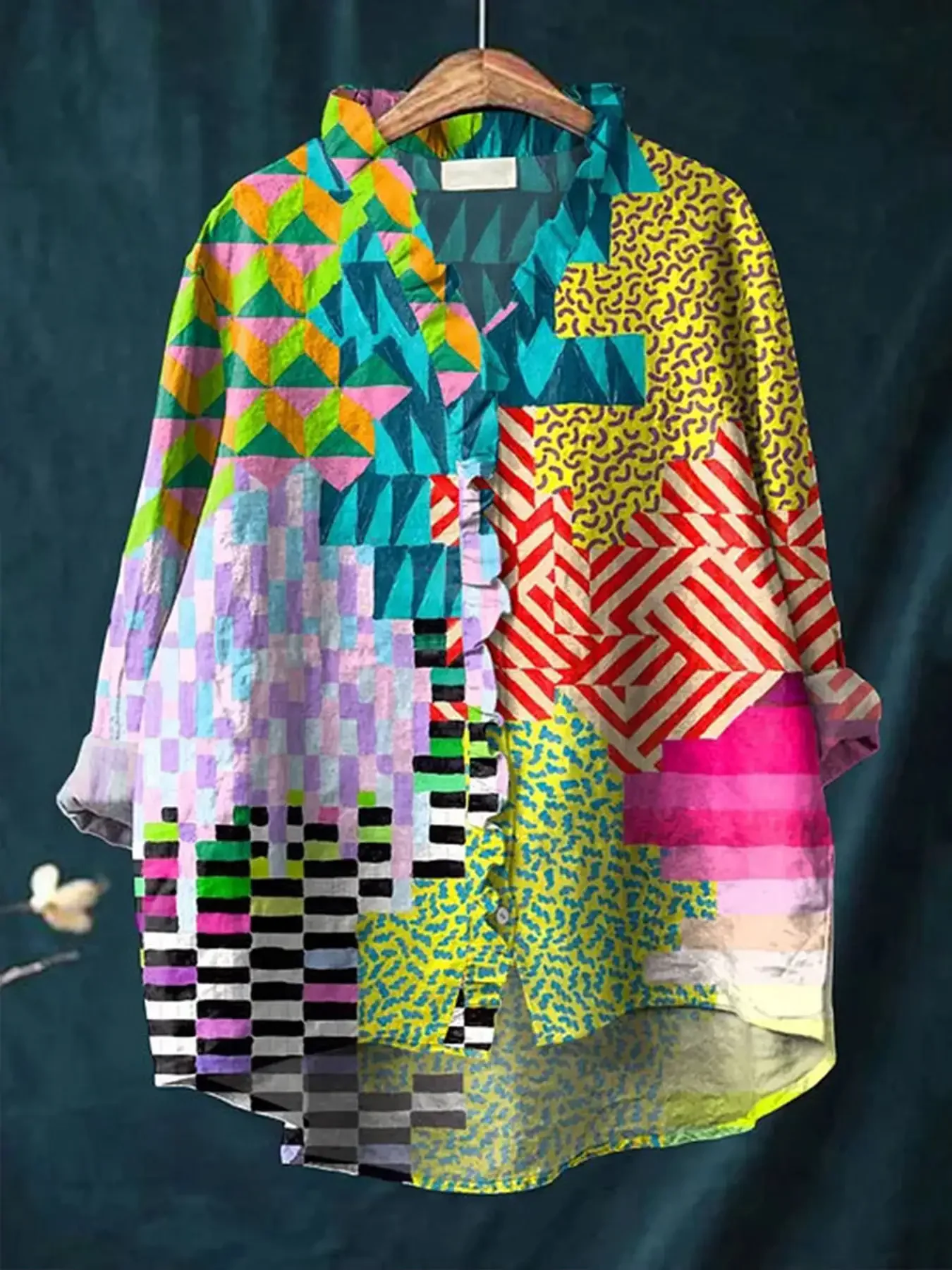 2026 autumn new V-neck casual top, women's long sleeved lace shirt, Non elastic full body printed shirt