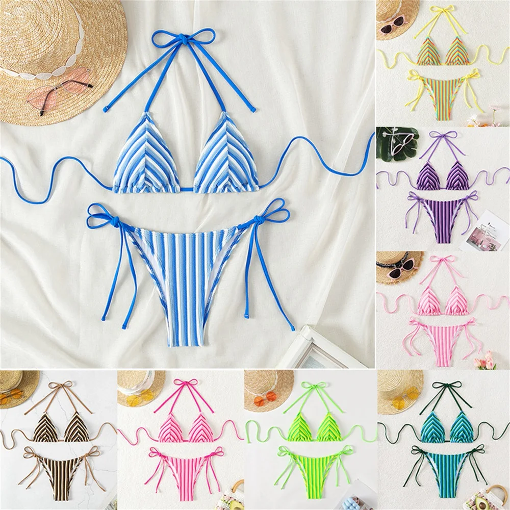

EINY Towel Cloth Triangle Halter Neck Tie Up Striped Bikini Set For Women Summer Swimsuit Beach Vacation Low Waisted Swimwear
