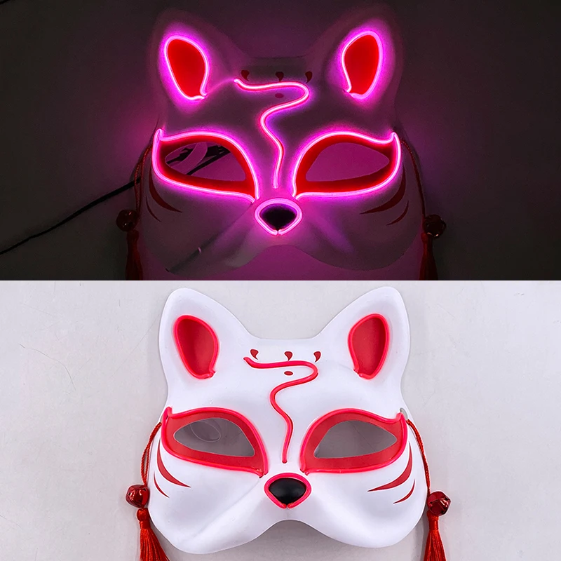 Japanese Fox Masks with Small Bell LED Light up Mask Anime Cat Fox Half Face Mask Halloween Rave Props Costume Cosplay