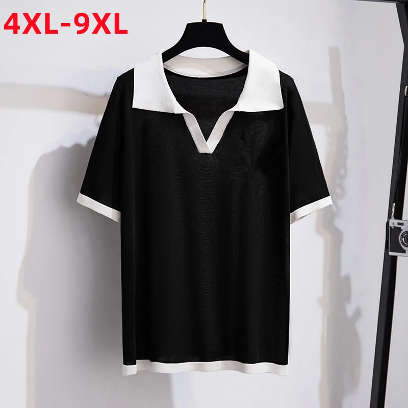 T-shirt en tricot élastique pour femme, manches courtes, noir, grande taille, été, nouveau, 4XL, 5XL, 6XL, 7XL, 8XL, 9XL, 2022