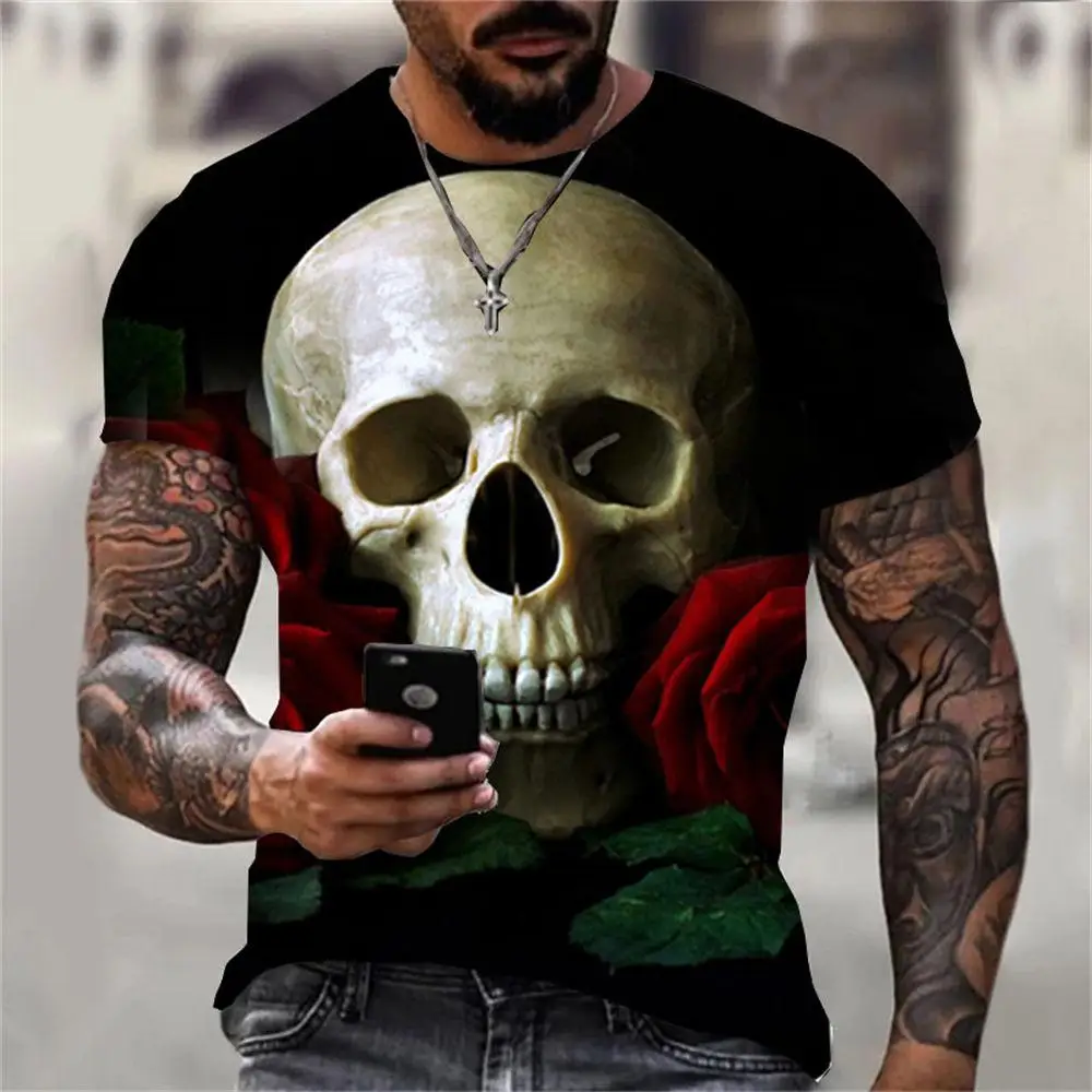 Men Gothic Skull Rose 3D Print Short Sleeve O Neck Casual T Shirt
