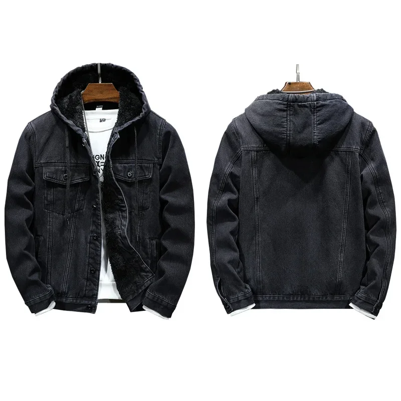 Winter Jacket Men Warmer Hooded Denim Lambswool Hooded and Padded Denim Jacket Imitation Lamb Wool Fleece Mens Clothes