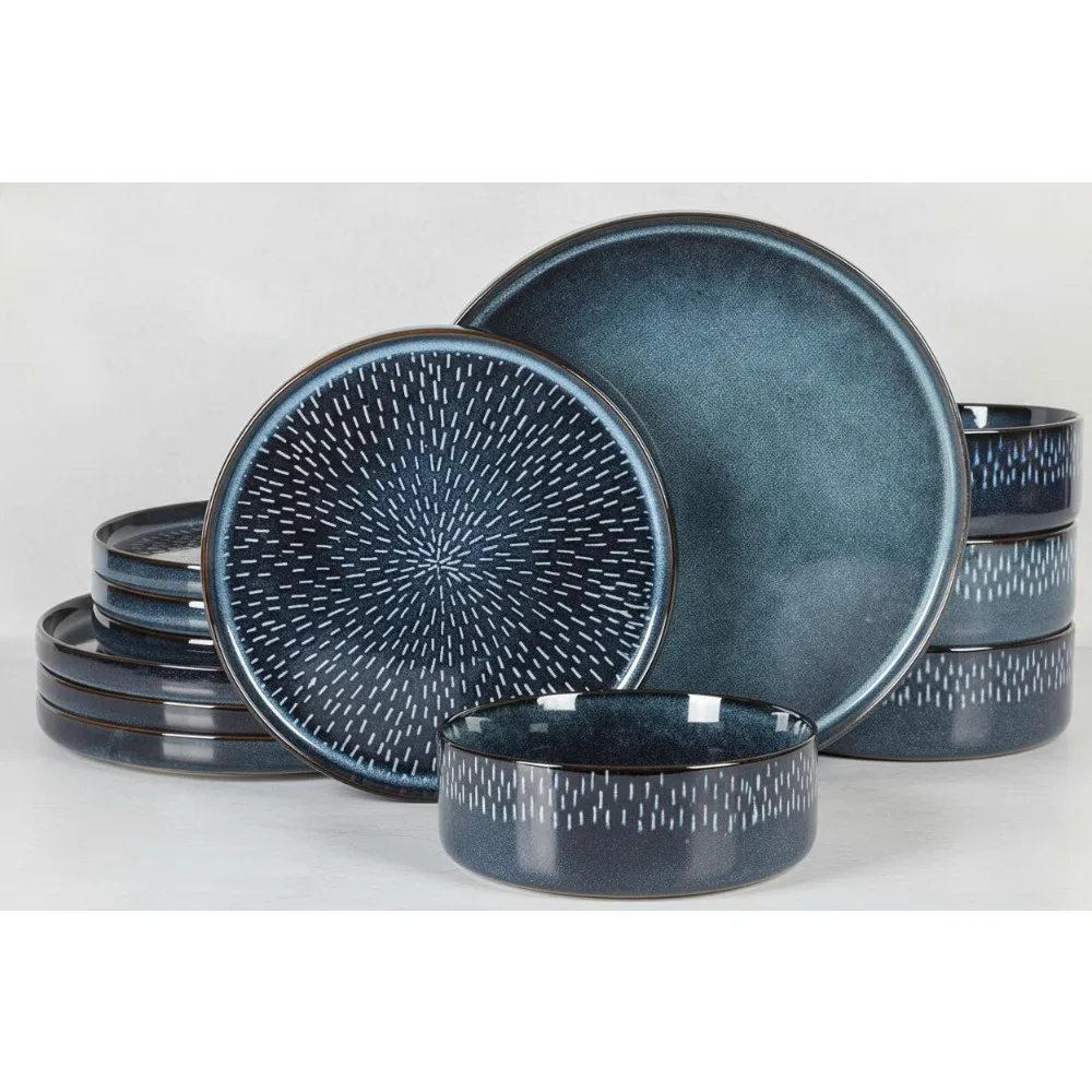 

Современный набор столовой посуды из камня Reactive Glaze — тарелки и миски кобальтово-синего цвета для повседневной столовой