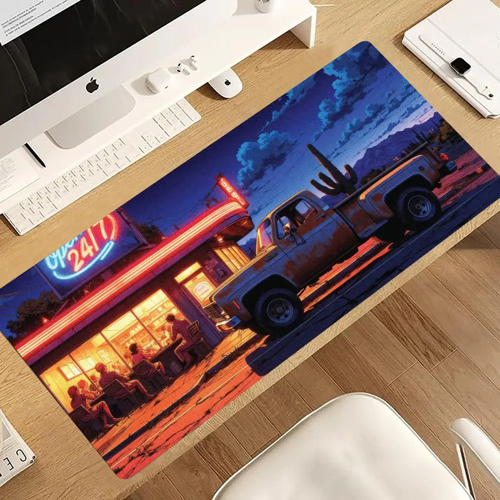 Retro Neon Restaurant Pickup Truck Mousepad Pc Gaming Mouse Pads Desk Accessories Desk Mats Office Decor Carpet Big Mousepepad