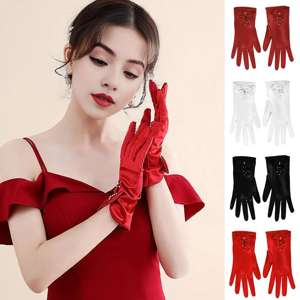 

Retro Style Gloves Elegant Satin Wedding Gloves with Bow Faux Pearl Decor for Bride Dance Ball Banquet Cocktail Party Anti-slip