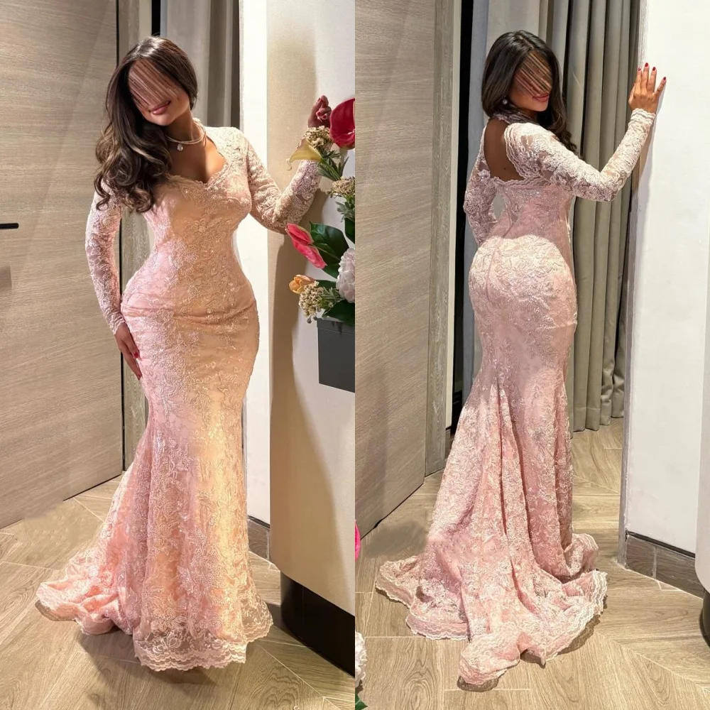 

Customized Formal Evening Dress Bespoke Occasion Pink Lace Charming Mermaid Long Dresses Woman Elegant Party Wedding