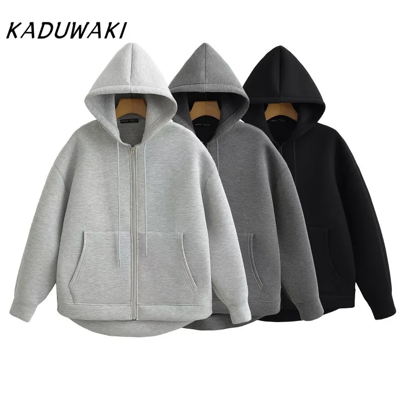 KADUWAKI American Retro Fall and Winter Zipper Hoodie High Street Unisex Style Double Pockets Oversized Loose Sweatshirt Jackets