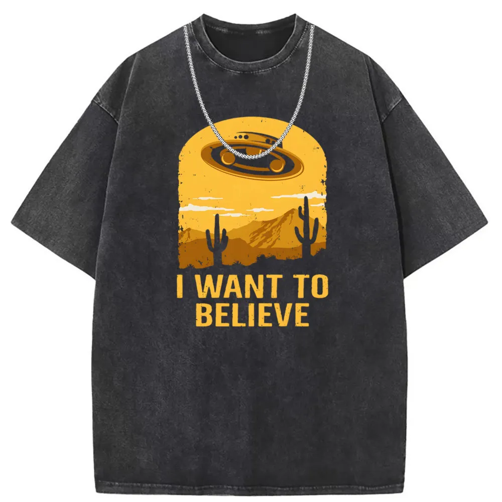 I Want To Believe UFO Washed Tshirt Long Sleeve Vintage Print Fashionable Mens Sweatshirts Graphic New Tee Shirt Men