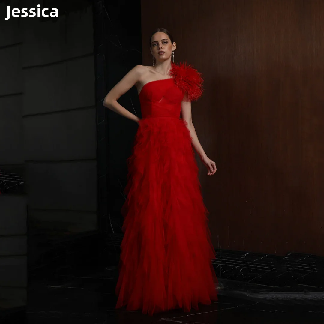 

Jessica A-shape Red Wedding Dress Luxury Feather Prom Dresses Tulle One Shoulder Elegant Evening Dresses Vestidos De Fiesta