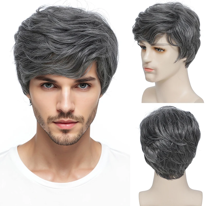 

Новый мужской серый многослойный парик с повязкой на голову из натуральных материалов - парик из синтетического волокна