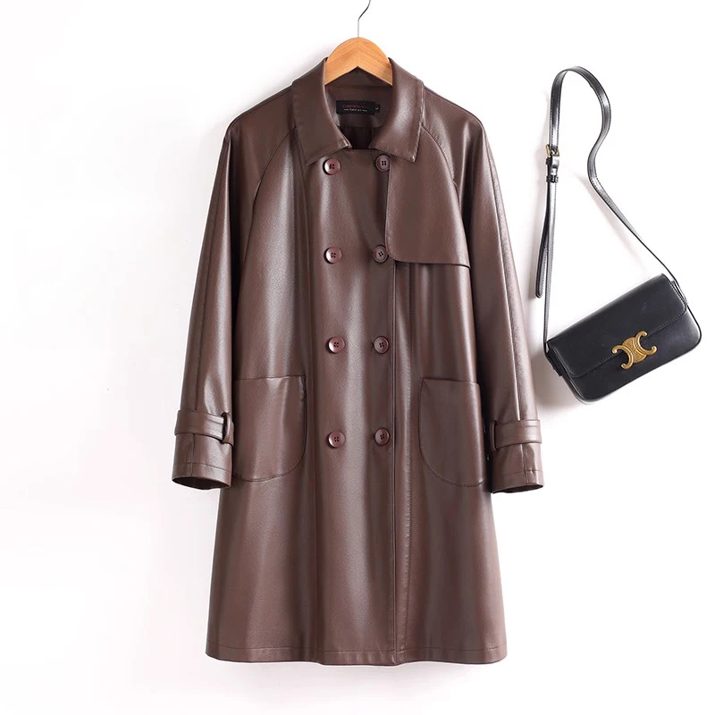 Women Split Leather Coat Spring Autumn Fashion Turn-down Collar Double Breasted Loose Trench Casual Long Leather Jacket Female