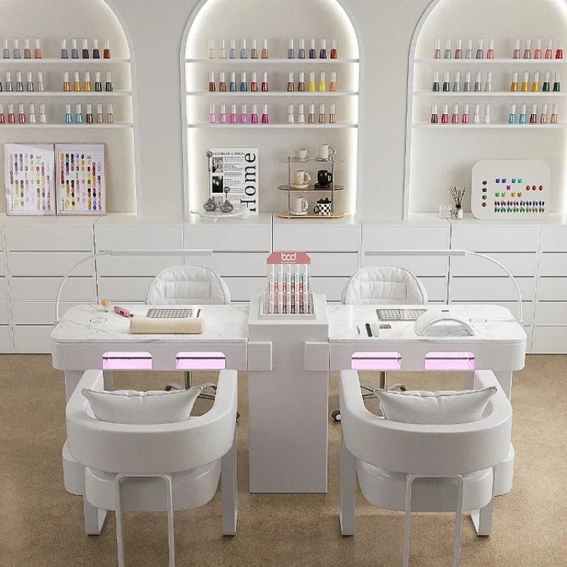 White Nail Manicure Table LED Light Dust Collector Beauty Salon Table Professional Aethetic Furniture Onglerie Professionnel