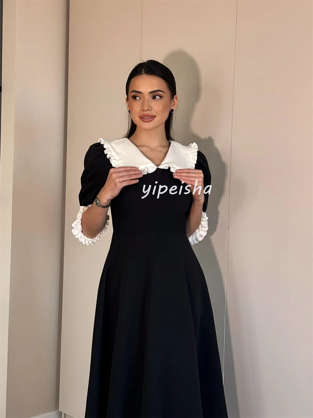 Customized Modern Style High Quality Jersey Pleat Tiered A-line V-neck Midi Dresses Bespoke Occasion Dresses Sizes Available