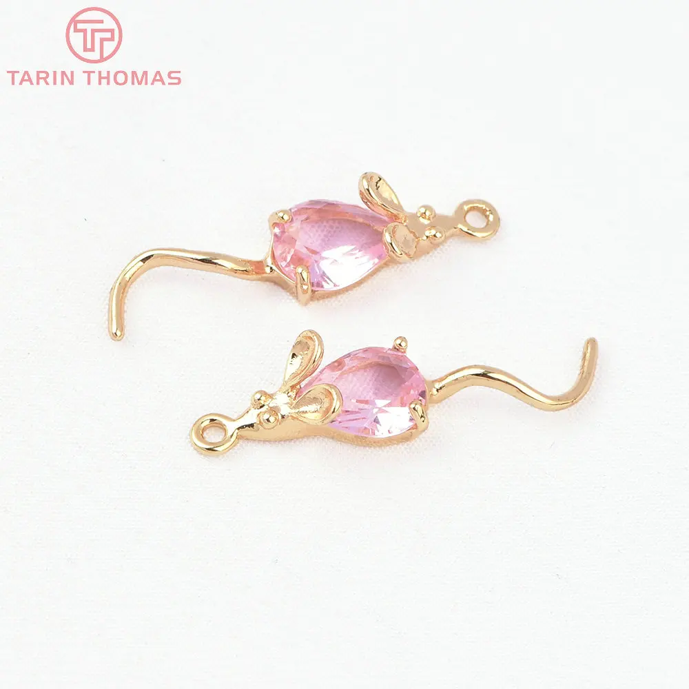 (1041) 4PCS 28x7MM 24K Gold Color Plated with Zircon Mouse Pendants Charms High Quality DIY Jewelry Making Findings Accessories