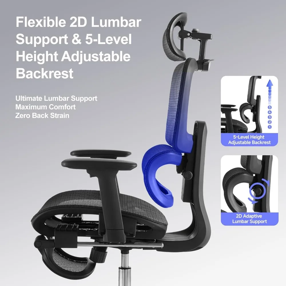 Ergonomic Office Chair with Neck Support and Footrest, Adjustable Backrest Computer Chair with 3D Armrests and Rubber Wheels