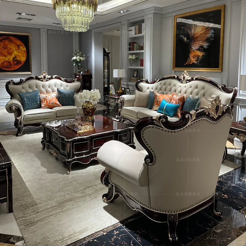 Red sofa villa large apartment four-person living room high-end neoclassical solid wood carving flower sofa combination