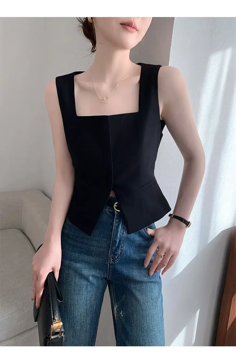 Women's Summer 2024 Fashion New Hollow Split Fashion Black Square Neck Sleeveless Vest Top