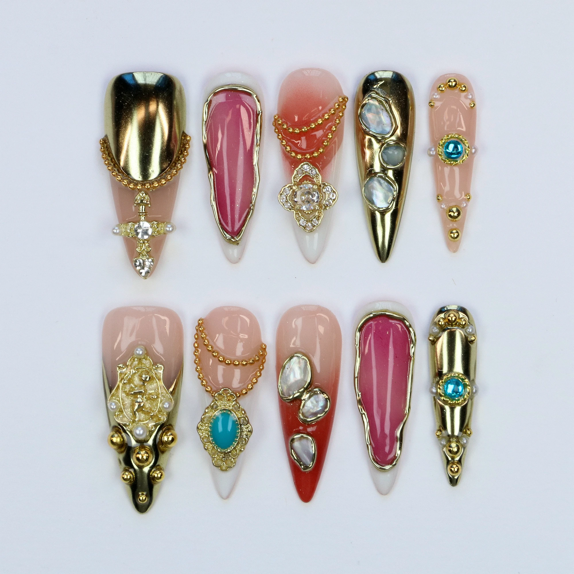 10Pcs Custom Design Luxury Long Stiletto Press On Nails,Chrome Gold Cross Virgin Mary Nail Art Catholic Handpainted Nails