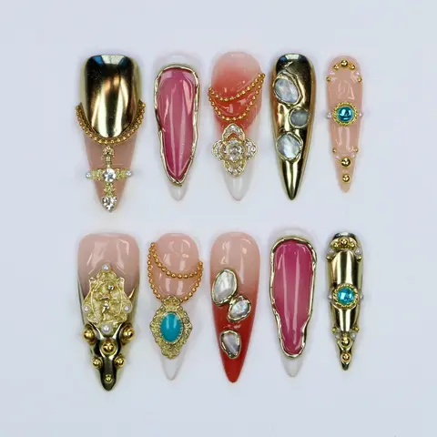 10 st. specialdesignade lyxiga långa stiletto-pressnaglar, kromguldkors Jungfru Maria nagelkonst katolska handmålade naglar 10 best sales designer press-on naglar - №7