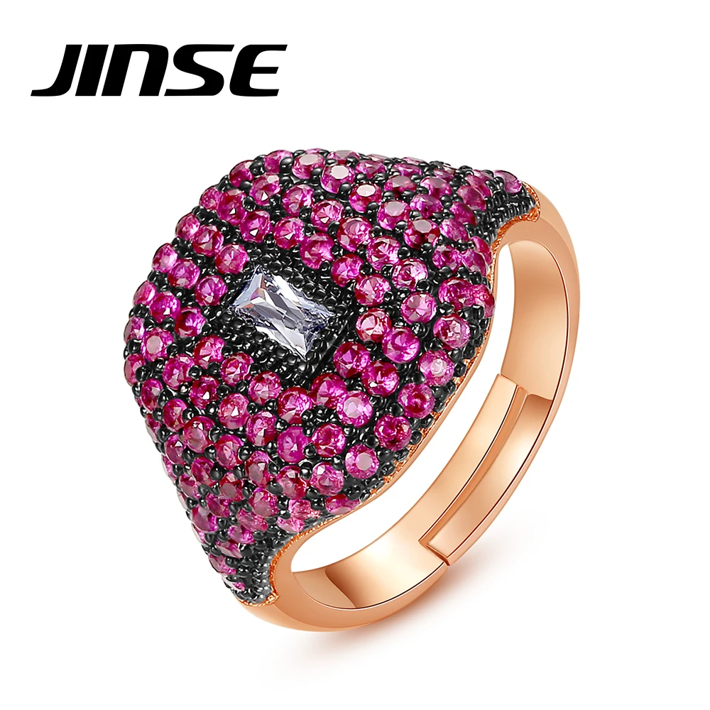 JINSE Punk Iced Cubic Zirconia Hip Hop Rings Colorful Rose Gold Color Accessories for Men Women Adjustable Fashion Party Jewelry