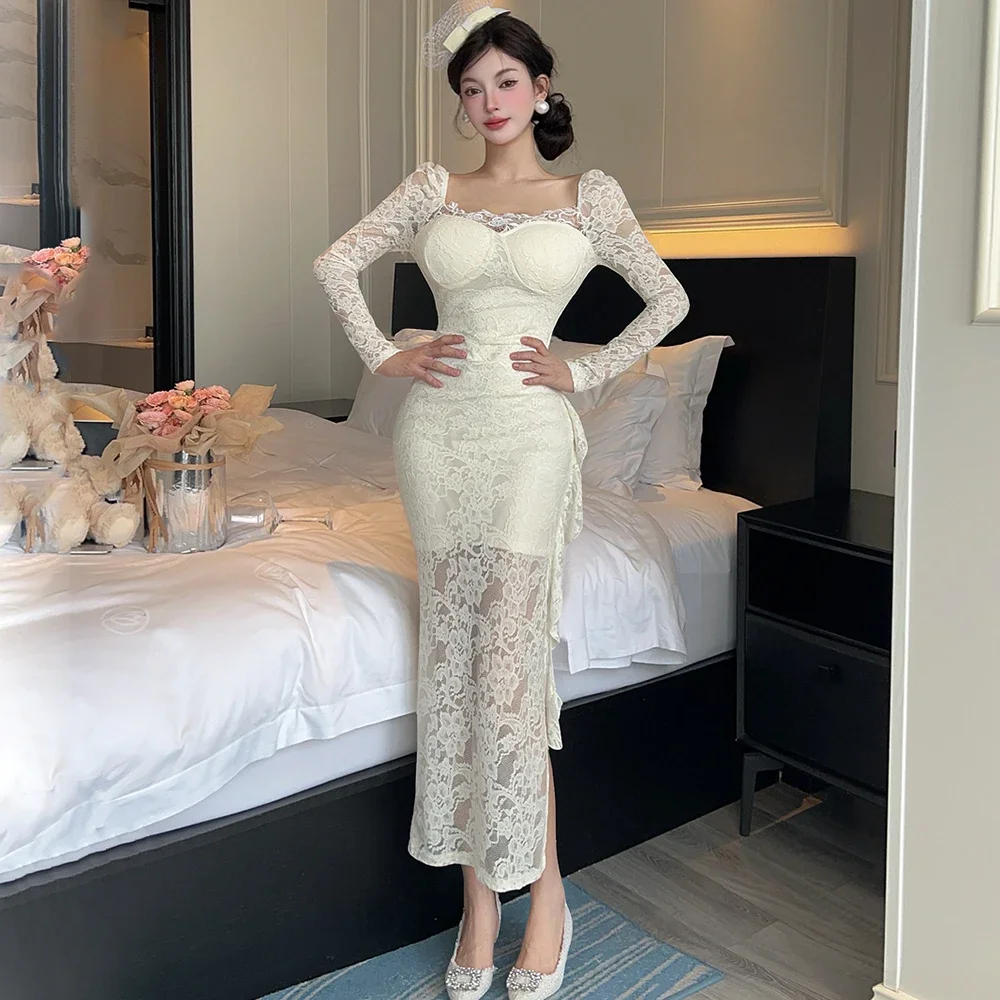 Elegant Lace Womens Dresses Court Style Square Collar Long Sleeves Bodycon Mermaid Dress Autumn Party Prom Vestidos Majur