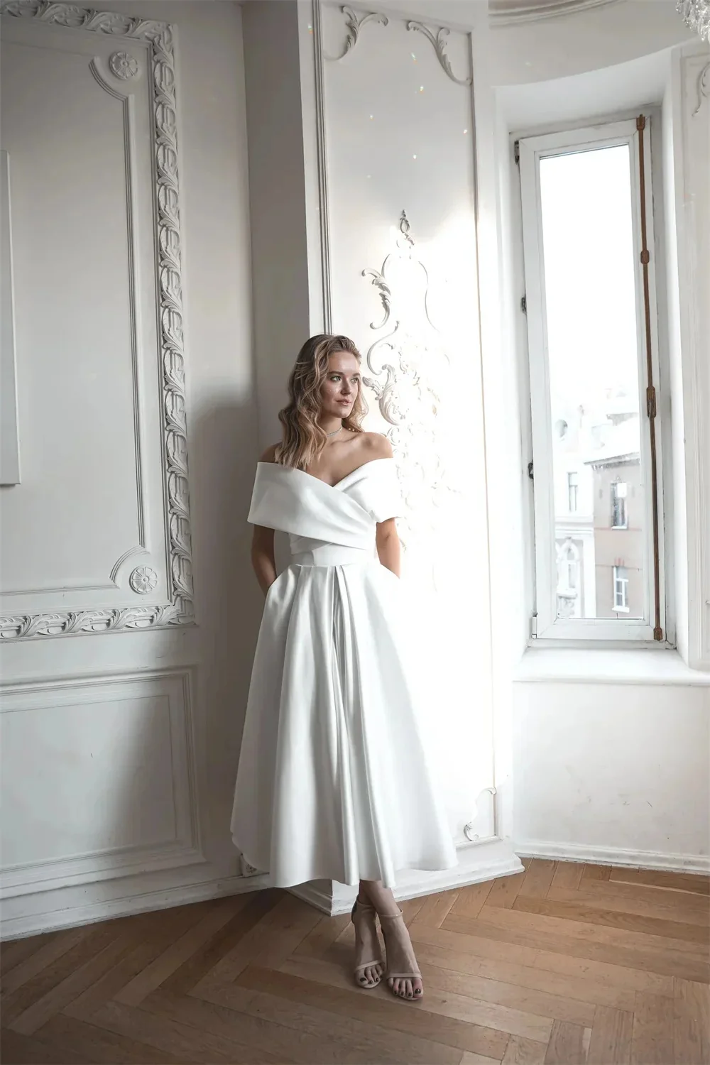 Beach Wedding Dresses Off Shoulder Satin with Pockets A Line Simple Elegant Bride Gowns Women Bridal Dress Custom made