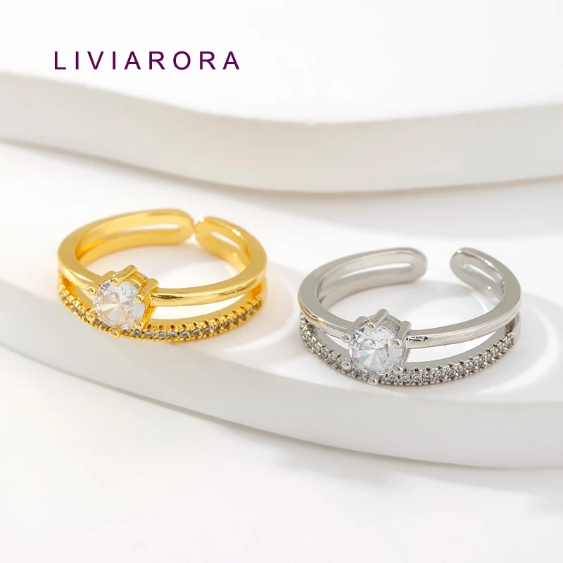1/2/4Pcs 18K Gold Plated Brass Inlaid Zircon Double Layer Open Ring Finger Rings,Adjustable Ring,For Jewelry Making Accessories