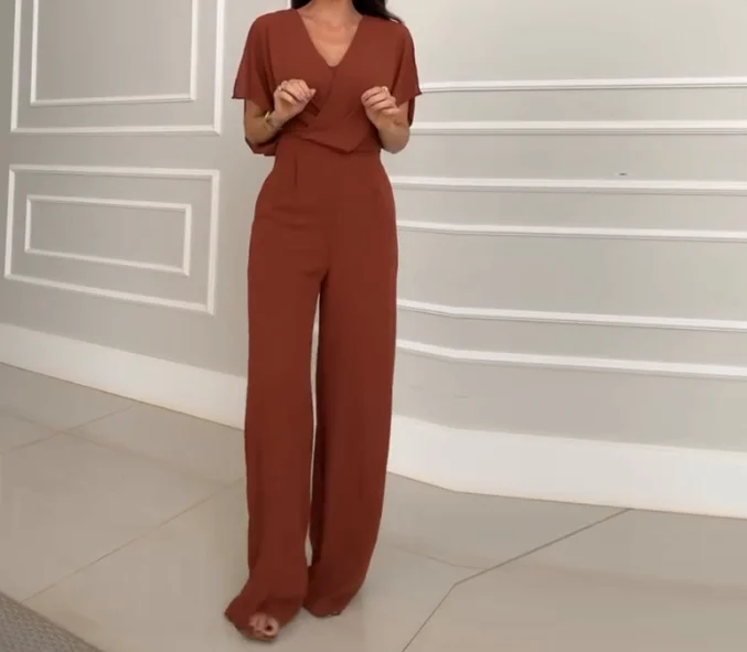 Women's Casual V-Neck Pleated High Waist Wide Leg Jumpsuit Temperament Summer New Female Fashion Elegant Long Jumpsuits