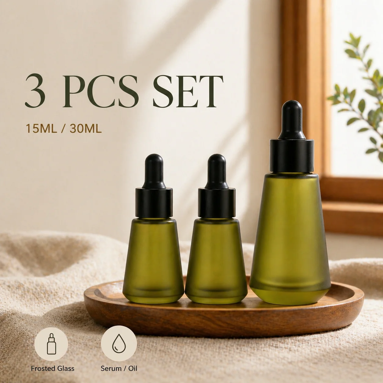 Juego de botellas cuentagotas de vidrio verde oliva esmerilado de 15 ml y 30 ml, recipientes vacíos con protección UV para aceites esenciales