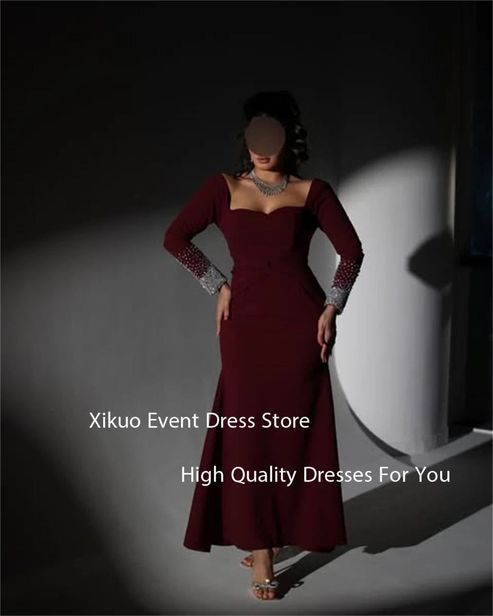 Xikuo فستان سهرة أنيق من الساتان باللون العنابي حورية البحر بأكمام طويلة رداء كوكتيل نسائي على شكل قلب فستان حفلة موسيقية سعودي مخصص