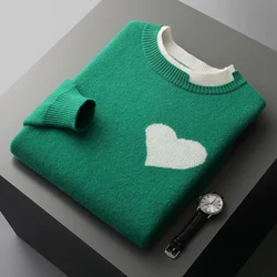 Winter New 100% Wool Cashmere Sweater Men's O-neck Fake Two Thick-headed Young Jacquard Plus Size Shirt Warm Knitted Coat Shirt