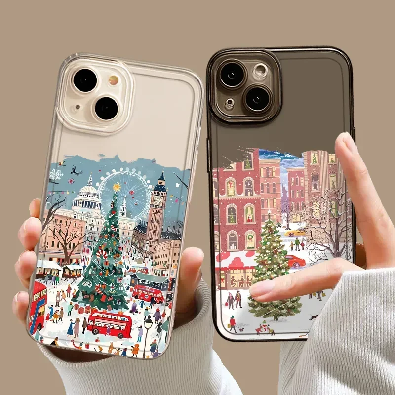 Winter New Year Christmas Street Scenery For iPhone Case 16 15 14 13 12 11 Pro XR XS Max 7 8 Plus Soft Phone Y2K HOT Cover