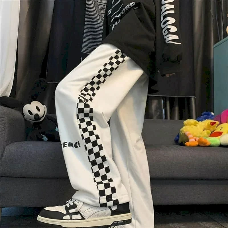 Black Pants Women's Pants Korean Fashion Sport LOOSE Trousers Checkerboard Side Clothes Streetwear Women Full Length Sweatpants