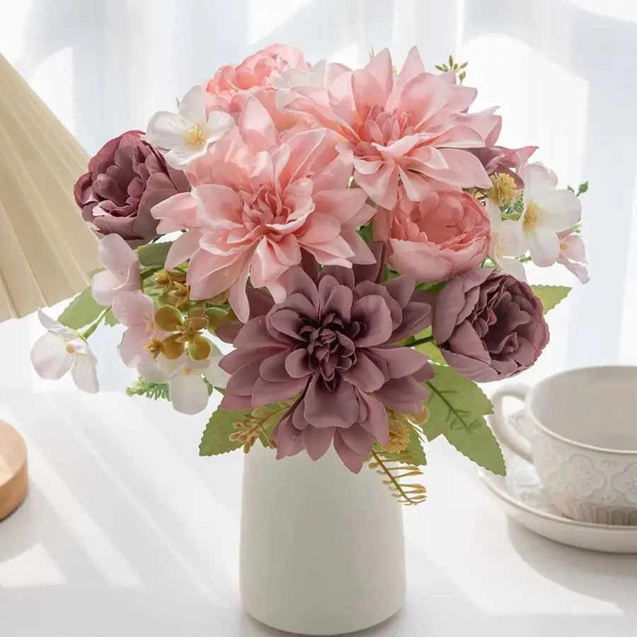 1/2 قطعة زهرة اصطناعية الحرير الداليا الفاوانيا عالية الجودة عطلة الزفاف باقة الزفاف طاولة غرفة المنزل لتقوم بها بنفسك هدية صندوق قص ديكور #2